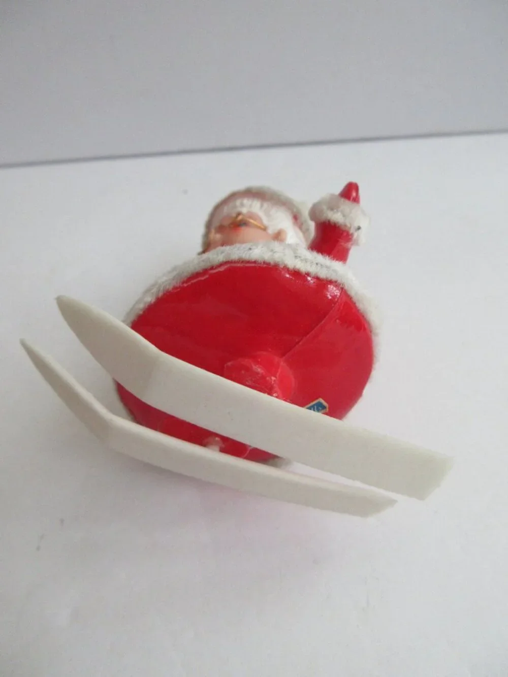Santa Mrs Claus Skiing Blow Mold Plastic Chenille Piping Trim 4'' Japan Vintage